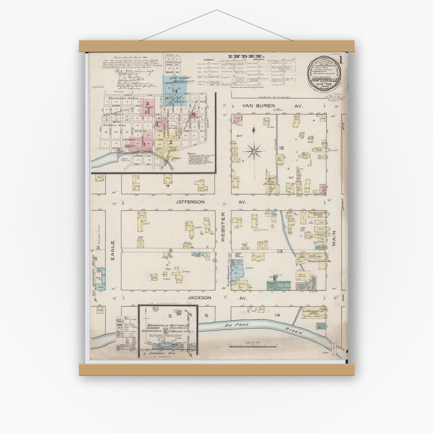 Old map wall art mockup — magnetic wood frame on white wall — Sanborn Fire Insurance Map from Naperville, Du Page County, Illinois (1886) - Complete Map Set