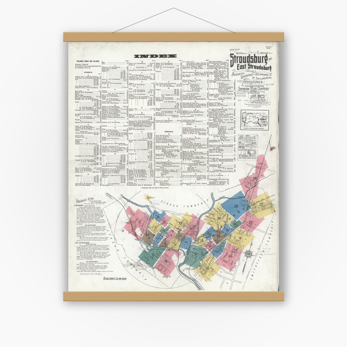 Old map wall art mockup — magnetic wood frame on white wall — Sanborn Fire Insurance Map from Stroudsburg, Monroe County, Pennsylvania (1923) - Complete Map Set