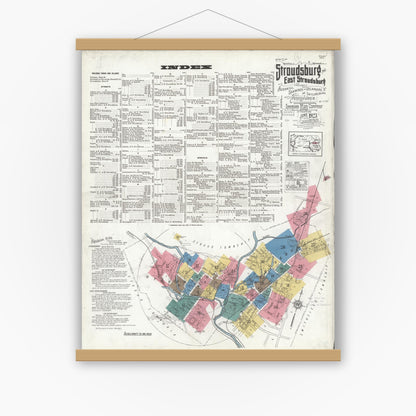 Old map wall art mockup — magnetic wood frame on white wall — Sanborn Fire Insurance Map from Stroudsburg, Monroe County, Pennsylvania (1923) - Complete Map Set