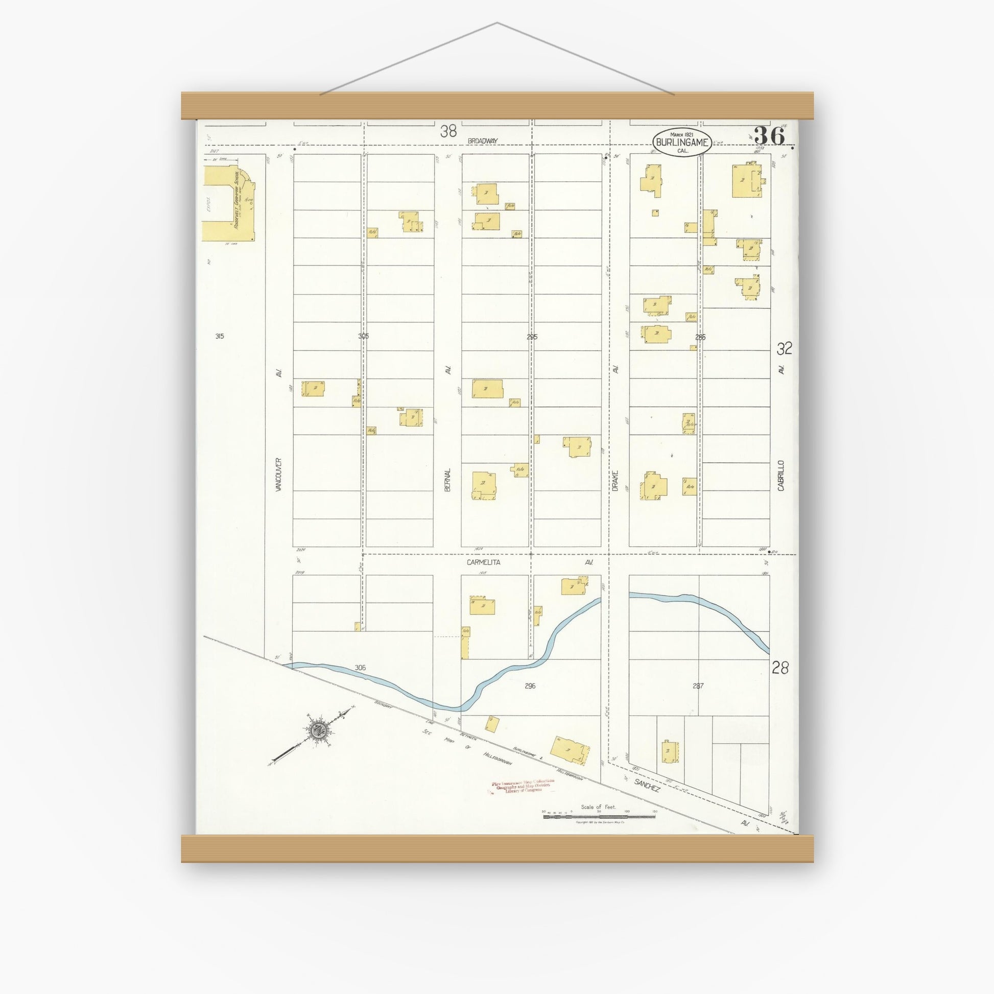 Old map wall art mockup — magnetic wood frame on white wall — Sanborn Fire Insurance Map from Burlingame, San Mateo County, California (1921), Sheet #0036