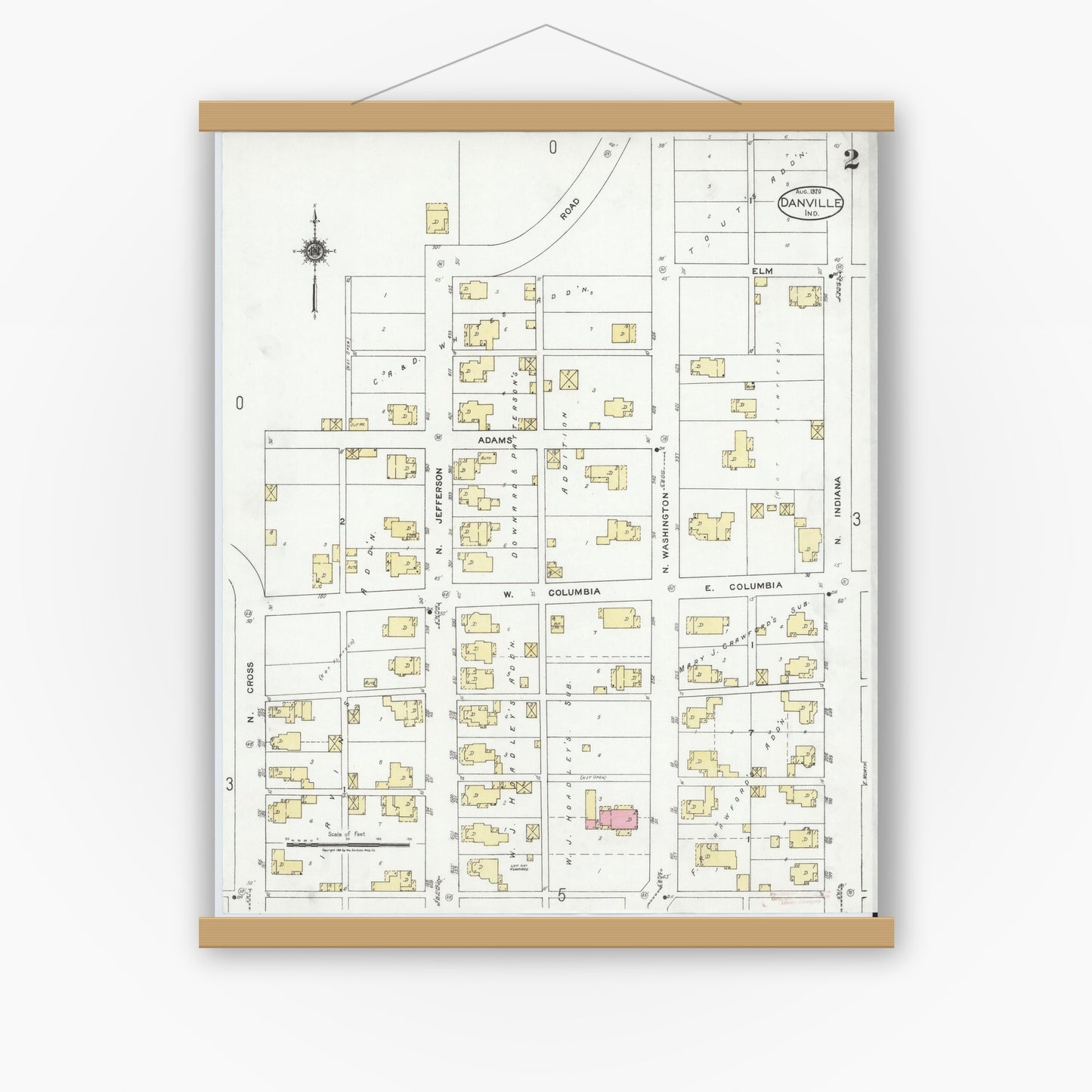 Old map wall art mockup — magnetic wood frame on white wall — Sanborn Fire Insurance Map from Danville, Hendricks County, Indiana (1920), Sheet #0002