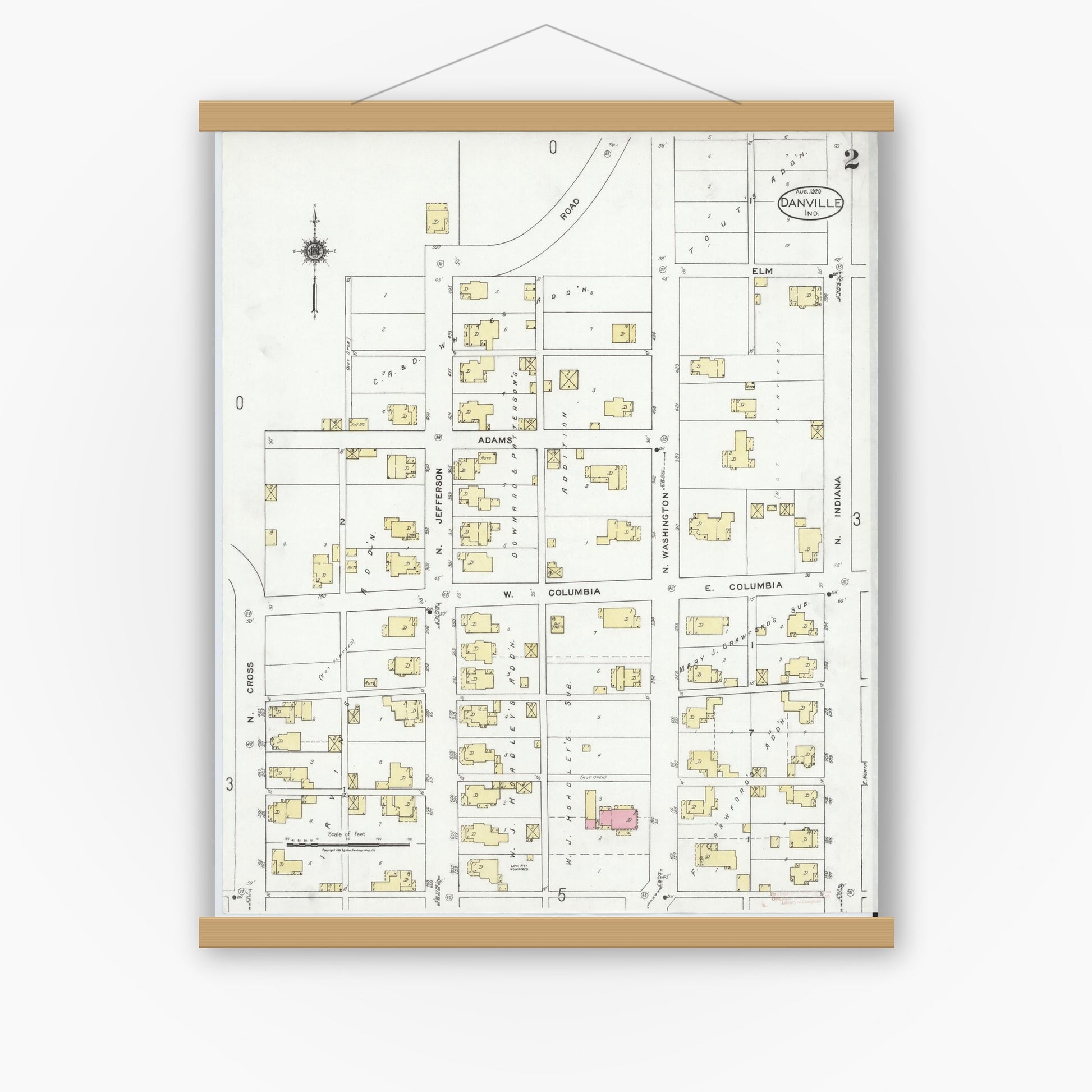 Old map wall art mockup — magnetic wood frame on white wall — Sanborn Fire Insurance Map from Danville, Hendricks County, Indiana (1920), Sheet #0002