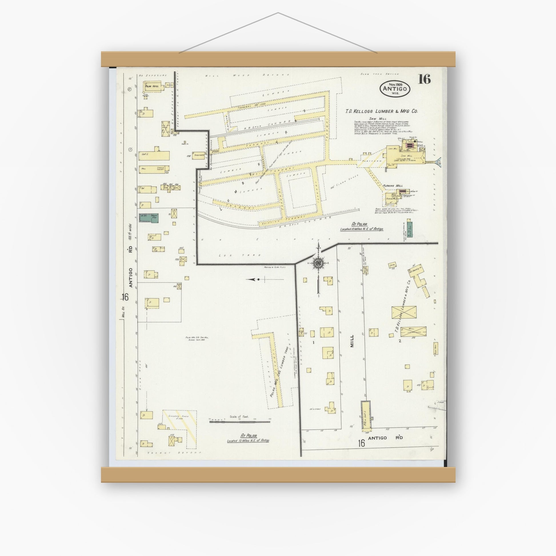 Old map wall art mockup — magnetic wood frame on white wall — Sanborn Fire Insurance Map from Antigo, Langlade County, Wisconsin (1909), Sheet #0016
