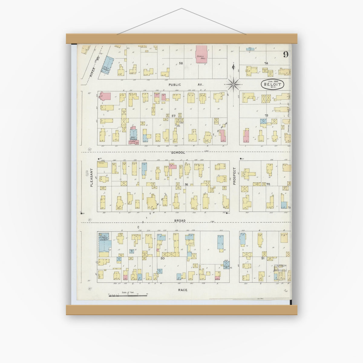 Old map wall art mockup — magnetic wood frame on white wall — Sanborn Fire Insurance Map from Beloit, Rock County, Wisconsin (1895), Sheet #0009