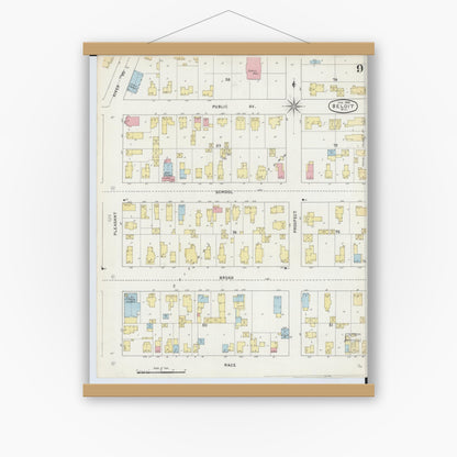Old map wall art mockup — magnetic wood frame on white wall — Sanborn Fire Insurance Map from Beloit, Rock County, Wisconsin (1895), Sheet #0009