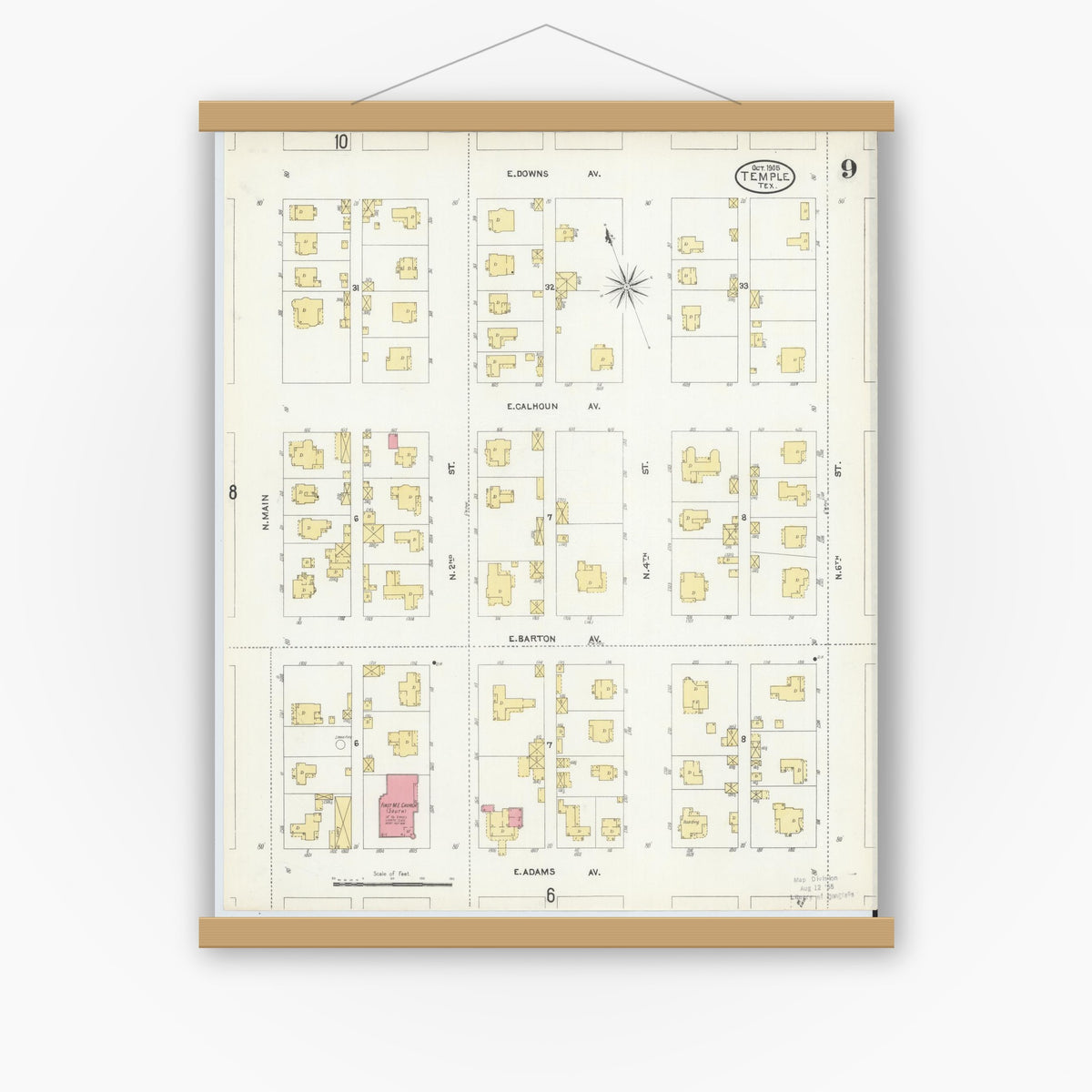 Old map wall art mockup — magnetic wood frame on white wall — Sanborn Fire Insurance Map from Temple, Bell County, Texas (1905), Sheet #0009
