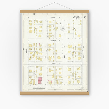 Old map wall art mockup — magnetic wood frame on white wall — Sanborn Fire Insurance Map from Temple, Bell County, Texas (1905), Sheet #0009