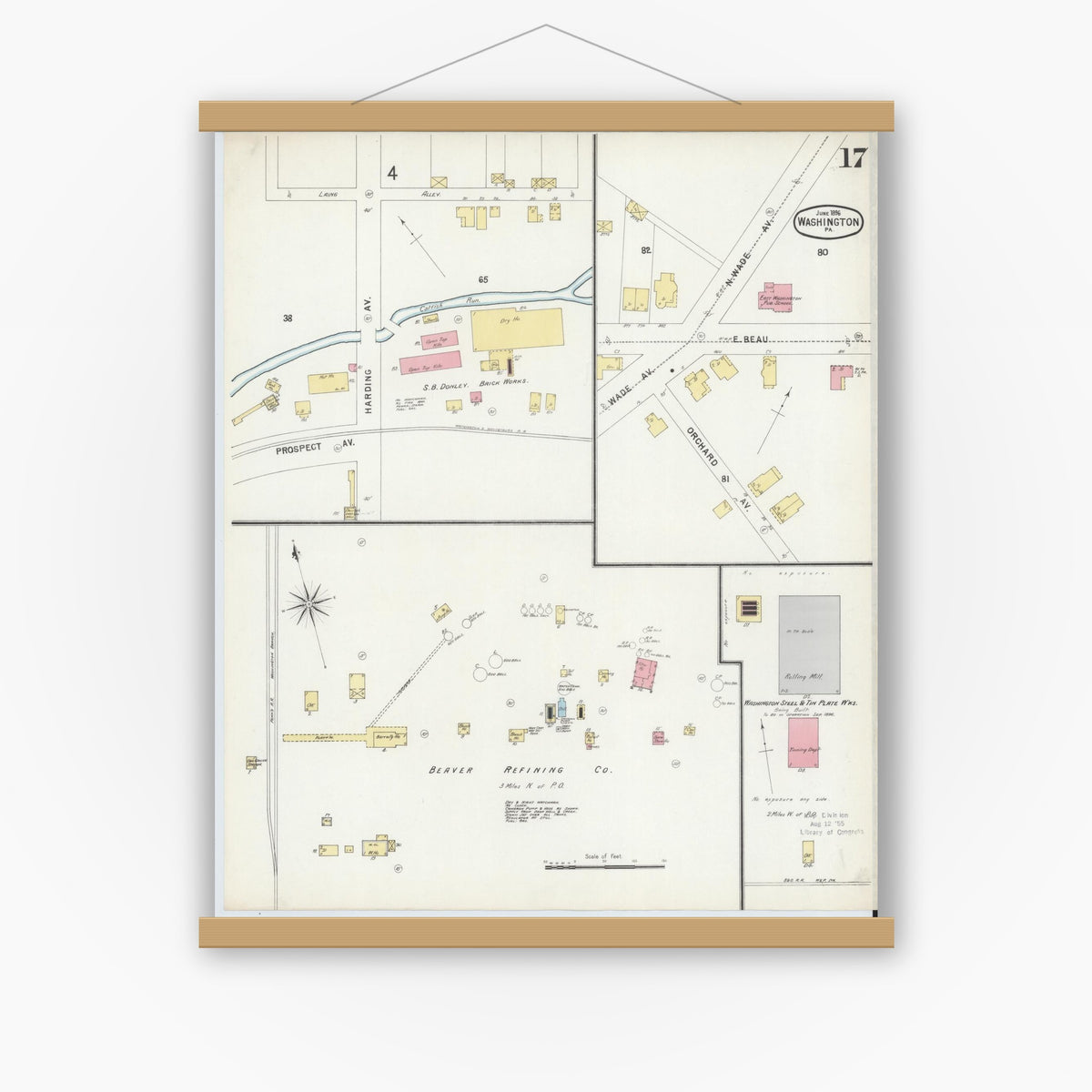 Old map wall art mockup — magnetic wood frame on white wall — Sanborn Fire Insurance Map from Washington, Washington County, Pennsylvania (1896), Sheet #0017