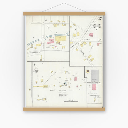 Old map wall art mockup — magnetic wood frame on white wall — Sanborn Fire Insurance Map from Washington, Washington County, Pennsylvania (1896), Sheet #0017
