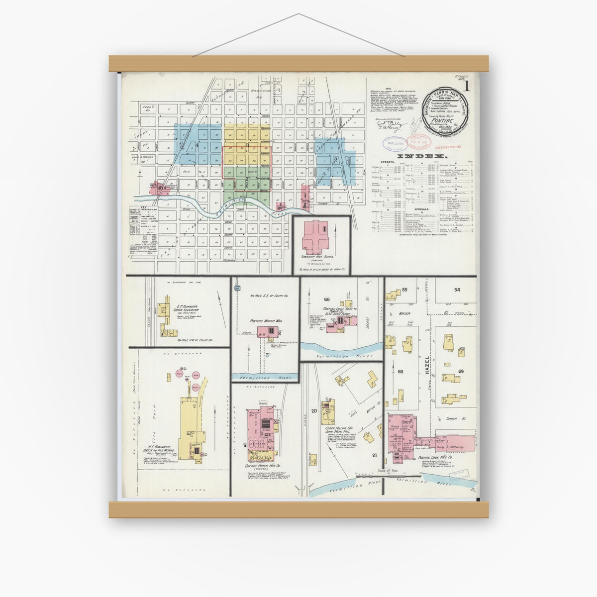 Old map wall art mockup — magnetic wood frame on white wall — Sanborn Fire Insurance Map from Pontiac, Livingston County, Illinois (1897) - Complete Map Set
