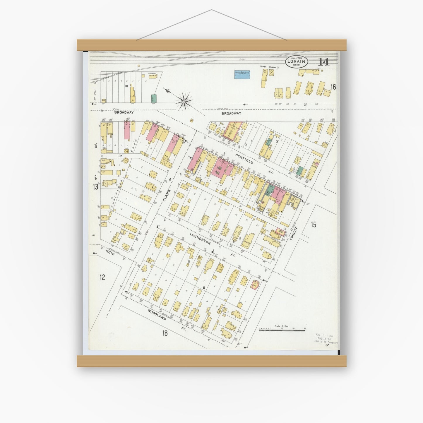 Old map wall art mockup — magnetic wood frame on white wall — Sanborn Fire Insurance Map from Lorain, Lorain County, Ohio (1905), Sheet #0014