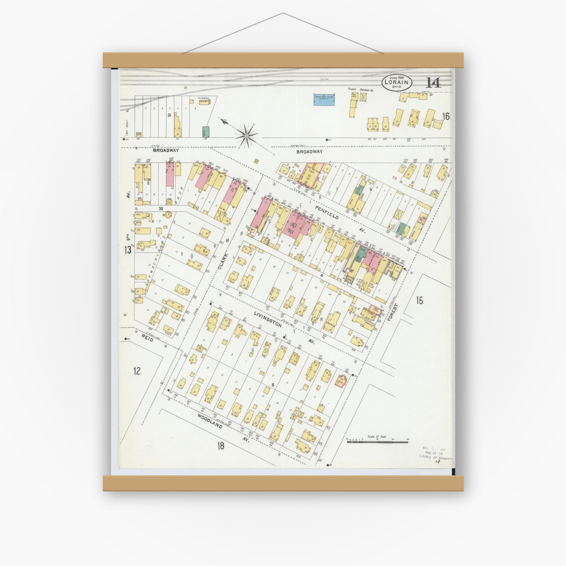 Old map wall art mockup — magnetic wood frame on white wall — Sanborn Fire Insurance Map from Lorain, Lorain County, Ohio (1905), Sheet #0014