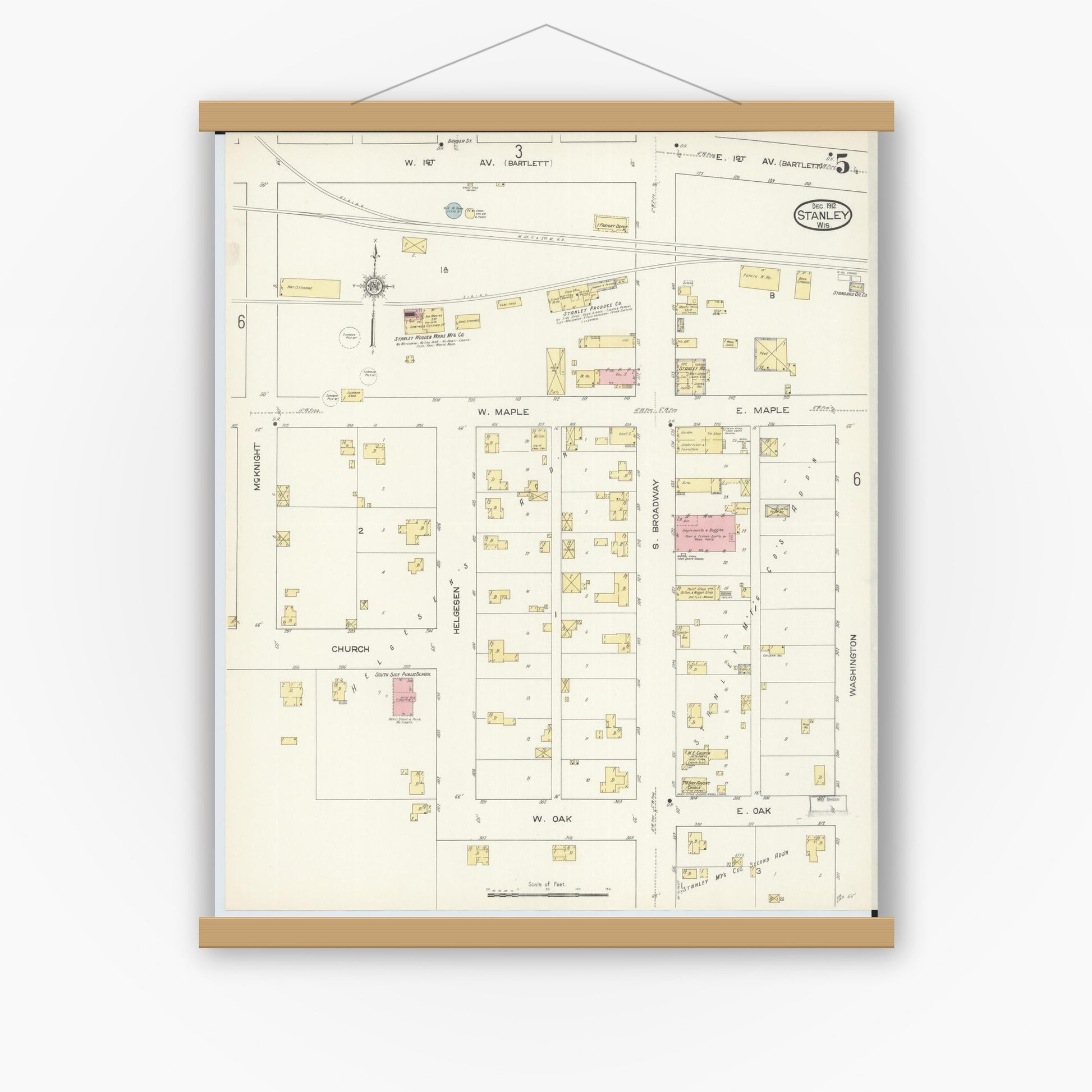 Old map wall art mockup — magnetic wood frame on white wall — Sanborn Fire Insurance Map from Stanley, Chippewa County, Wisconsin (1912), Sheet #0005