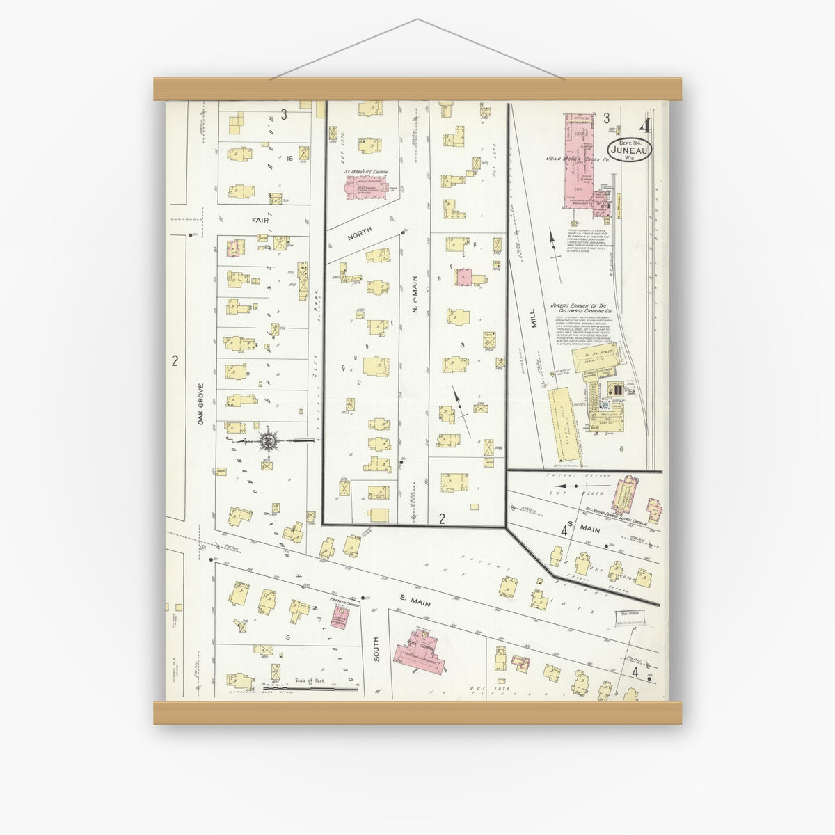 Old map wall art mockup — magnetic wood frame on white wall — Sanborn Fire Insurance Map from Juneau, Dodge County, Wisconsin (1914), Sheet #0004