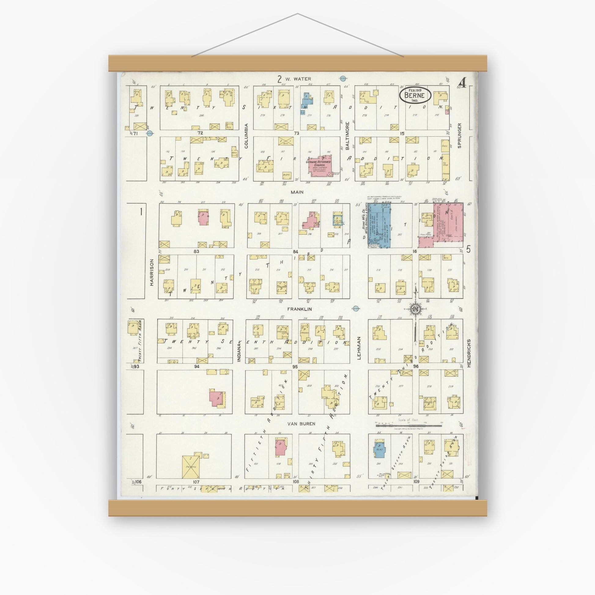 Old map wall art mockup — magnetic wood frame on white wall — Sanborn Fire Insurance Map from Berne, Adams County, Indiana (1919), Sheet #0004