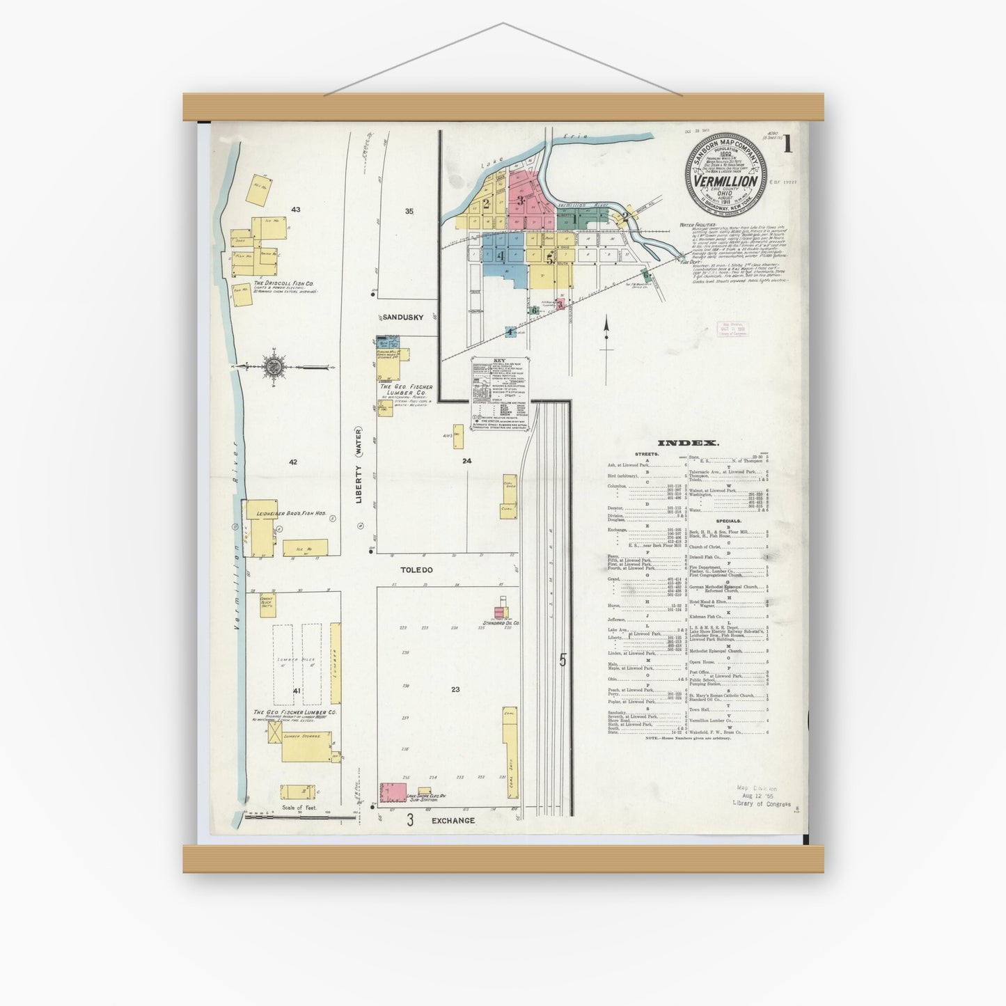 Old map wall art mockup — magnetic wood frame on white wall — Sanborn Fire Insurance Map from Vermillion, Erie County, Ohio (1911), Sheet #0001