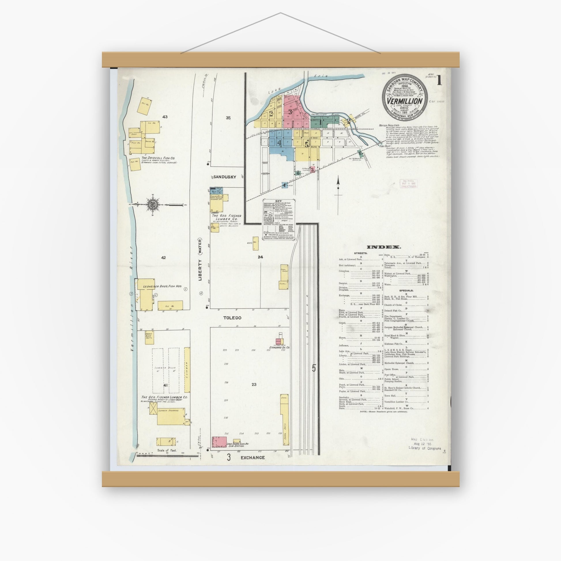 Old map wall art mockup — magnetic wood frame on white wall — Sanborn Fire Insurance Map from Vermillion, Erie County, Ohio (1911), Sheet #0001