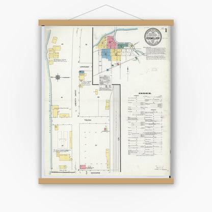 Old map wall art mockup — magnetic wood frame on white wall — Sanborn Fire Insurance Map from Vermillion, Erie County, Ohio (1911), Sheet #0001