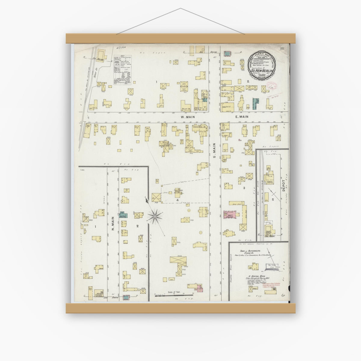 Old map wall art mockup — magnetic wood frame on white wall — Sanborn Fire Insurance Map from South New Berlin, Chenango County, New York (1894), Sheet #0001