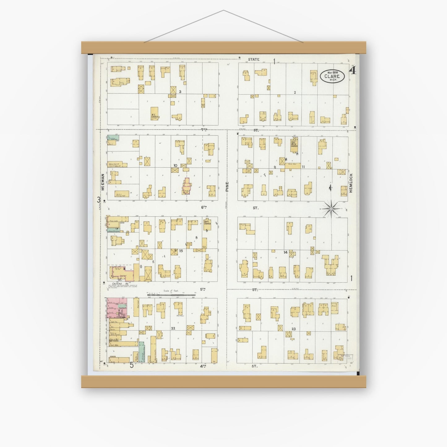 Old map wall art mockup — magnetic wood frame on white wall — Sanborn Fire Insurance Map from Clare, Clare County, Michigan (1899), Sheet #0004