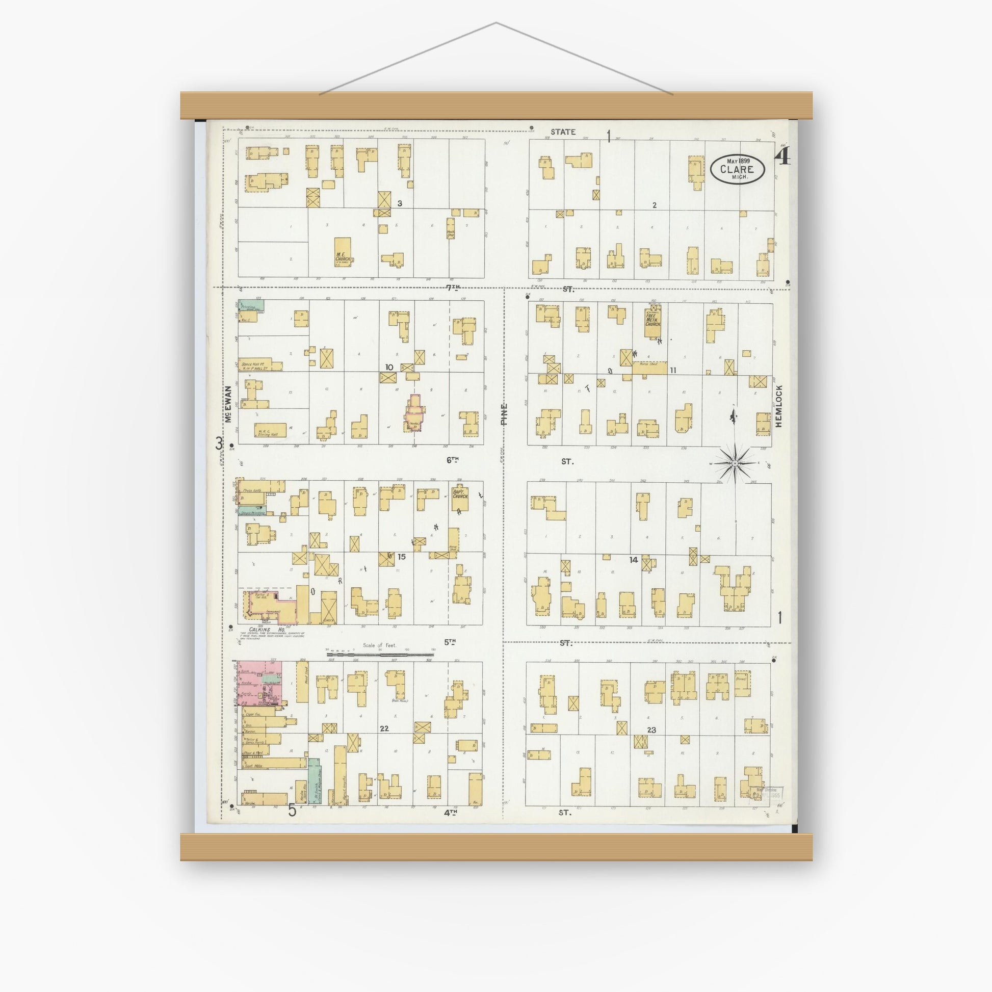 Old map wall art mockup — magnetic wood frame on white wall — Sanborn Fire Insurance Map from Clare, Clare County, Michigan (1899), Sheet #0004