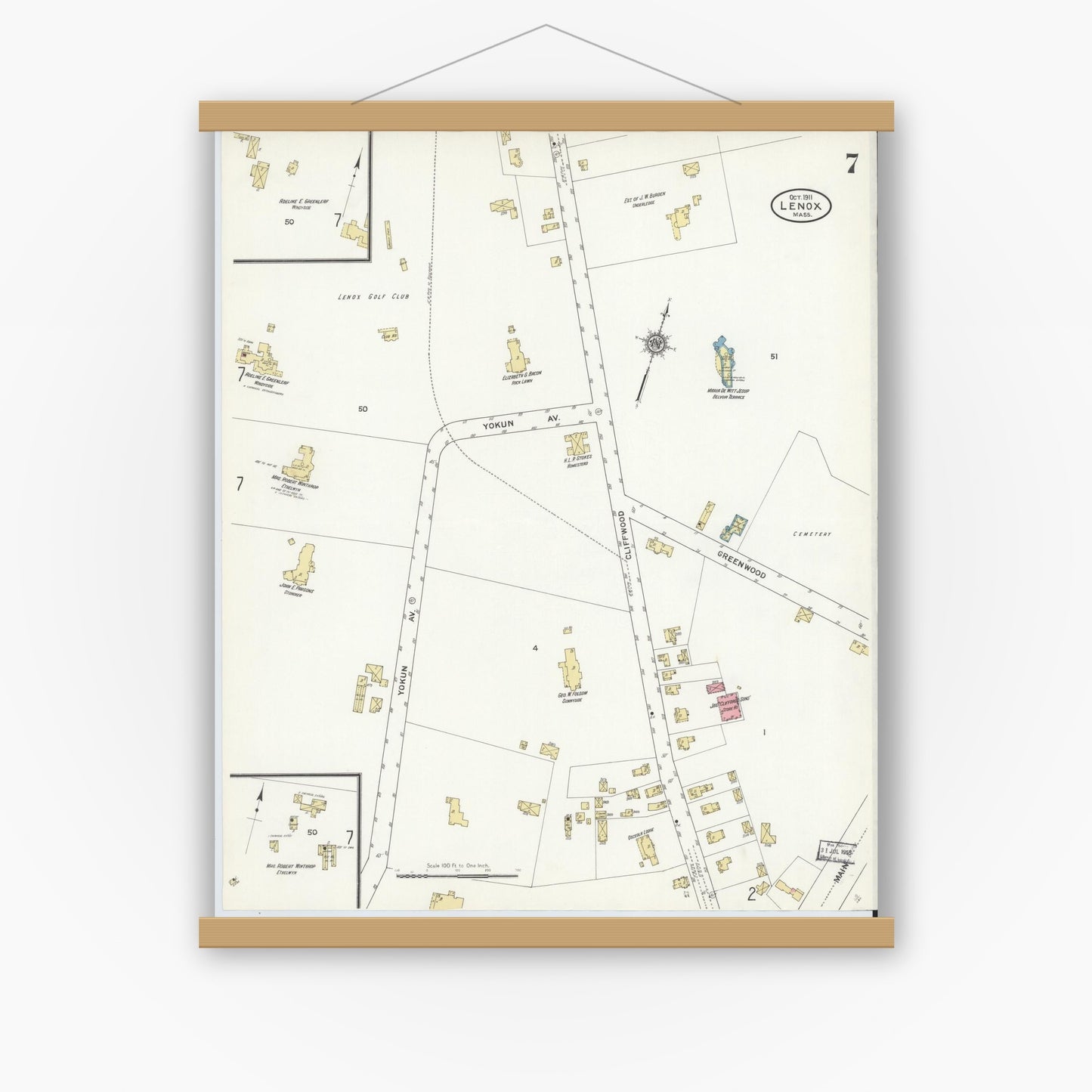 Old map wall art mockup — magnetic wood frame on white wall — Sanborn Fire Insurance Map from Lenox, Berkshire County, Massachusetts (1911), Sheet #0007