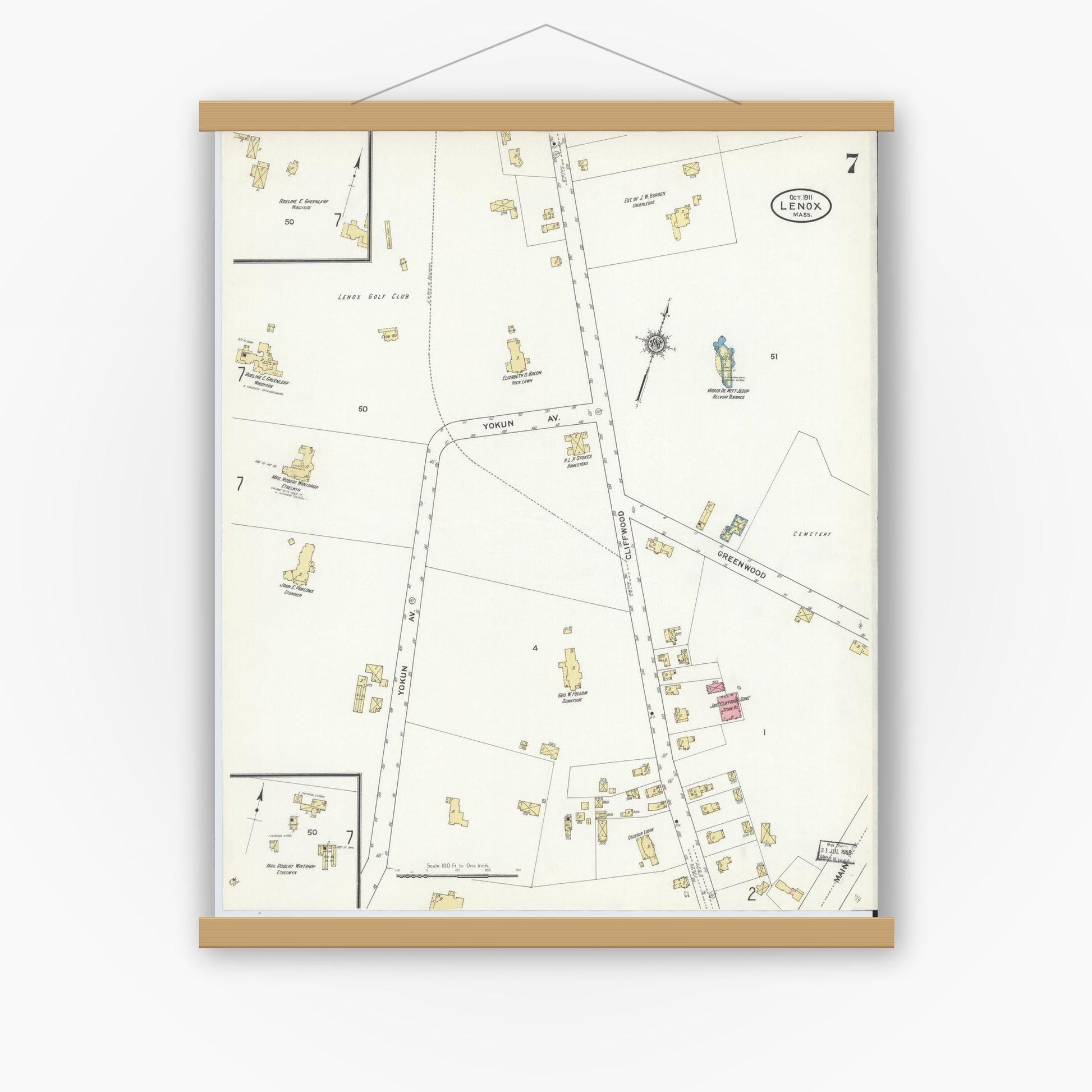 Old map wall art mockup — magnetic wood frame on white wall — Sanborn Fire Insurance Map from Lenox, Berkshire County, Massachusetts (1911), Sheet #0007