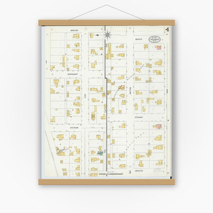 Old map wall art mockup — magnetic wood frame on white wall — Sanborn Fire Insurance Map from Fremont, Newaygo County, Michigan (1904), Sheet #0004