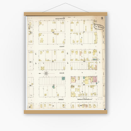 Old map wall art mockup — magnetic wood frame on white wall — Sanborn Fire Insurance Map from Le Mars, Plymouth County, Iowa (1888), Sheet #0003
