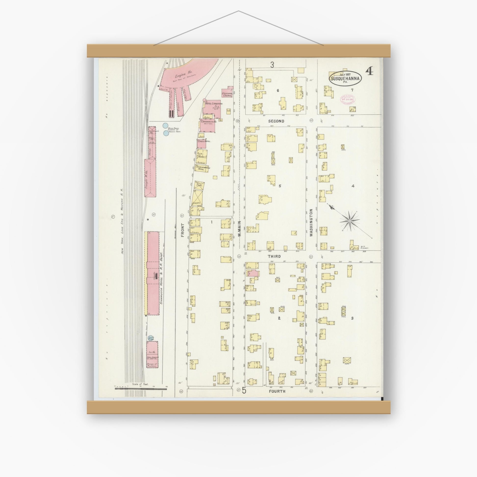 Old map wall art mockup — magnetic wood frame on white wall — Sanborn Fire Insurance Map from Susquehanna, Susquehanna County, Pennsylvania (1897), Sheet #0004