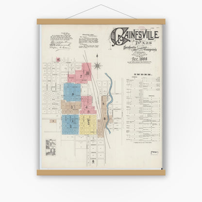 Old map wall art mockup — magnetic wood frame on white wall — Sanborn Fire Insurance Map from Gainesville, Cooke County, Texas (1888) - Complete Map Set