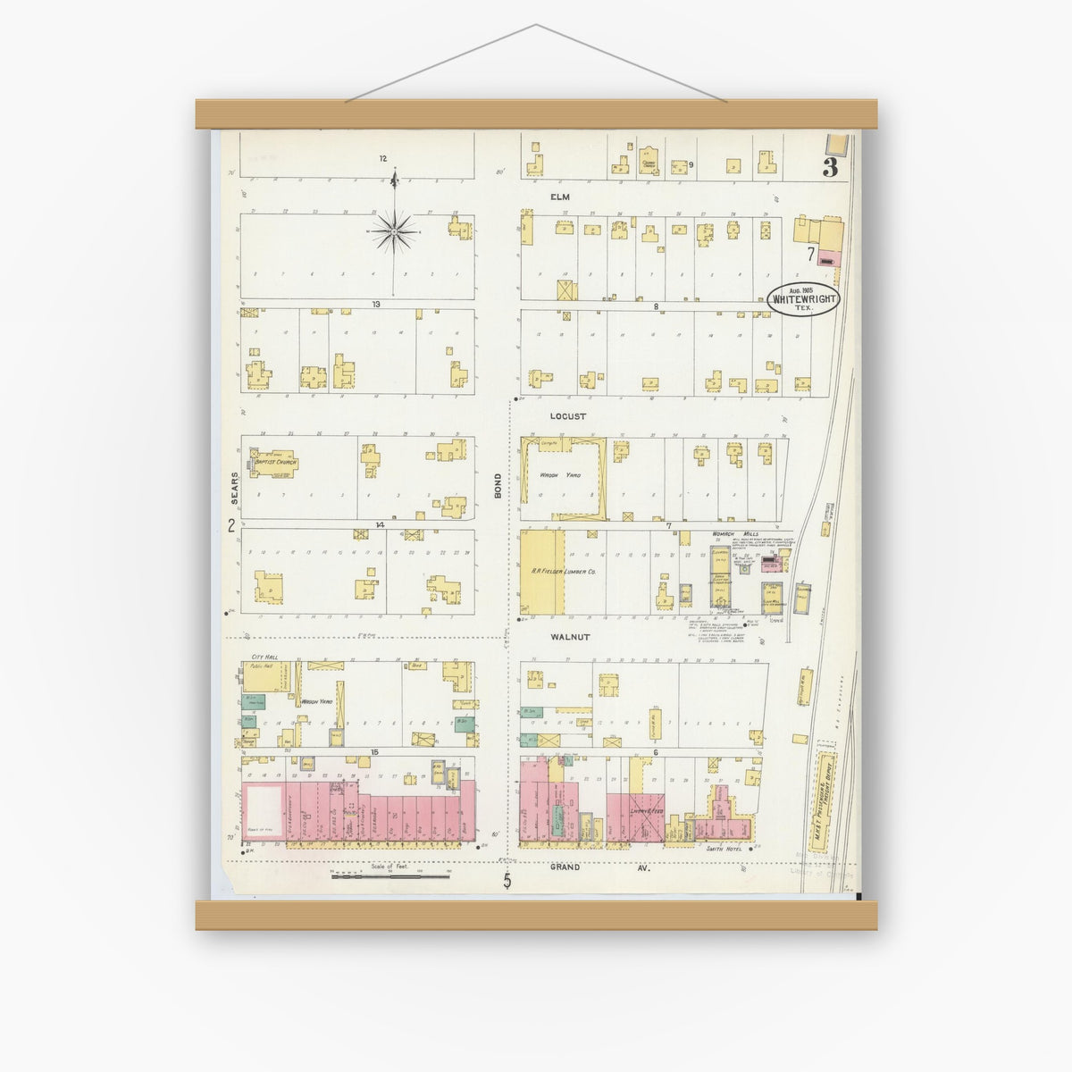 Old map wall art mockup — magnetic wood frame on white wall — Sanborn Fire Insurance Map from Whitewright, Grayson County, Texas (1905), Sheet #0003