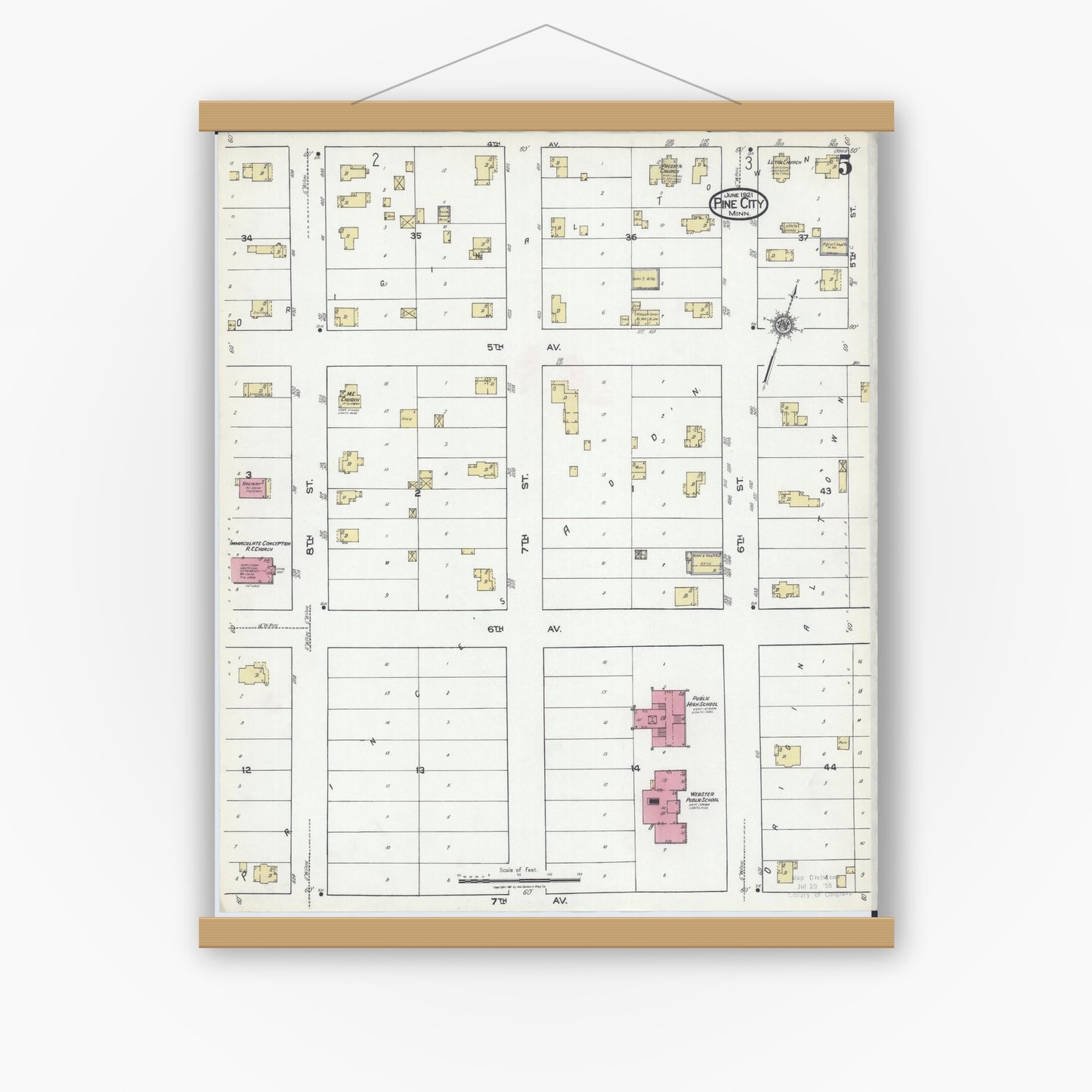 Old map wall art mockup — magnetic wood frame on white wall — Sanborn Fire Insurance Map from Pine City, Pine County, Minnesota (1921), Sheet #0005