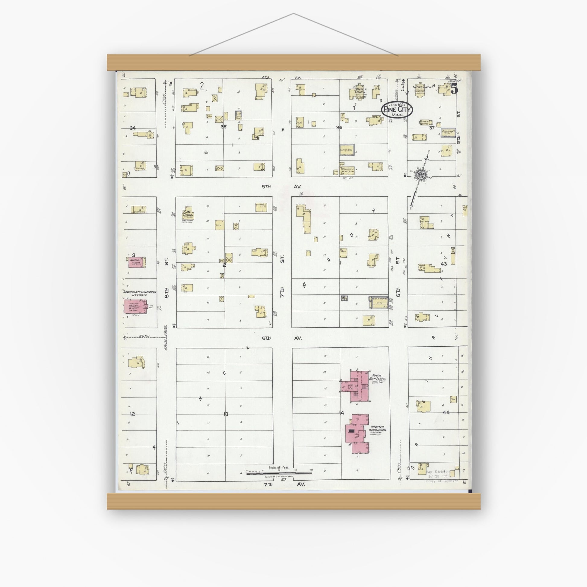 Old map wall art mockup — magnetic wood frame on white wall — Sanborn Fire Insurance Map from Pine City, Pine County, Minnesota (1921), Sheet #0005