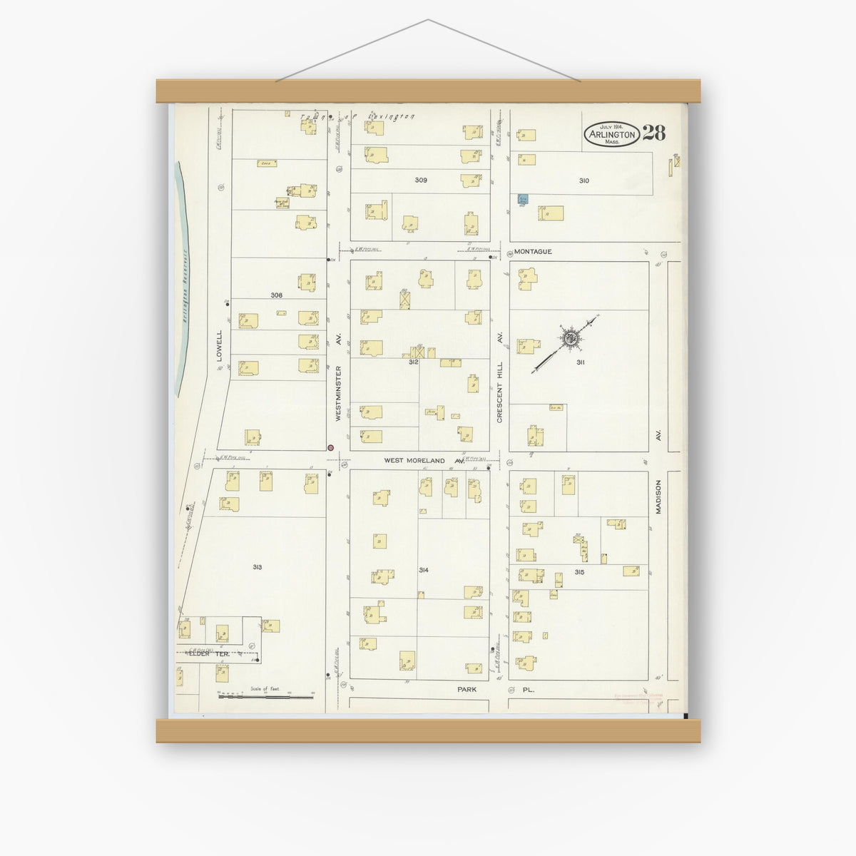 Old map wall art mockup — magnetic wood frame on white wall — Sanborn Fire Insurance Map from Arlington, Middlesex County, Massachusetts (1914), Sheet #0028