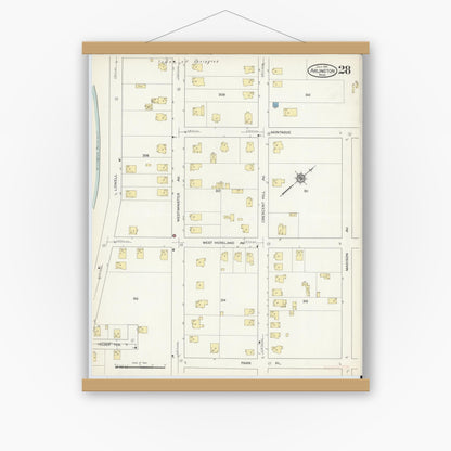Old map wall art mockup — magnetic wood frame on white wall — Sanborn Fire Insurance Map from Arlington, Middlesex County, Massachusetts (1914), Sheet #0028