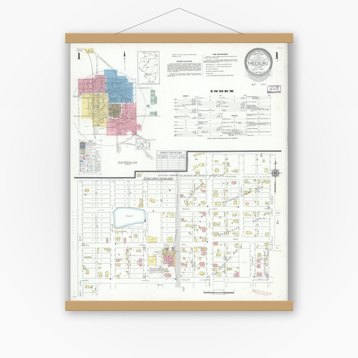 Old map wall art mockup — magnetic wood frame on white wall — Sanborn Fire Insurance Map from Freeburg, Saint Clair County, Illinois (1941) - Complete Map Set
