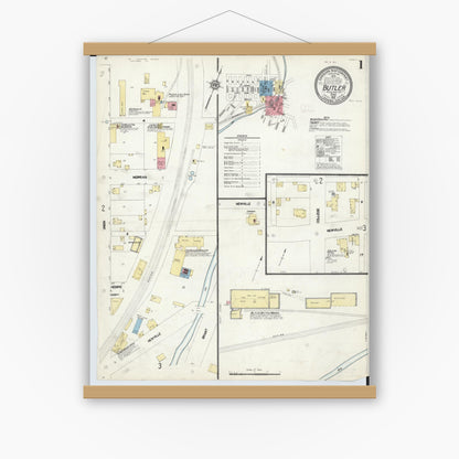 Old map wall art mockup — magnetic wood frame on white wall — Sanborn Fire Insurance Map from Butler, Richland County, Ohio (1912), Sheet #0001