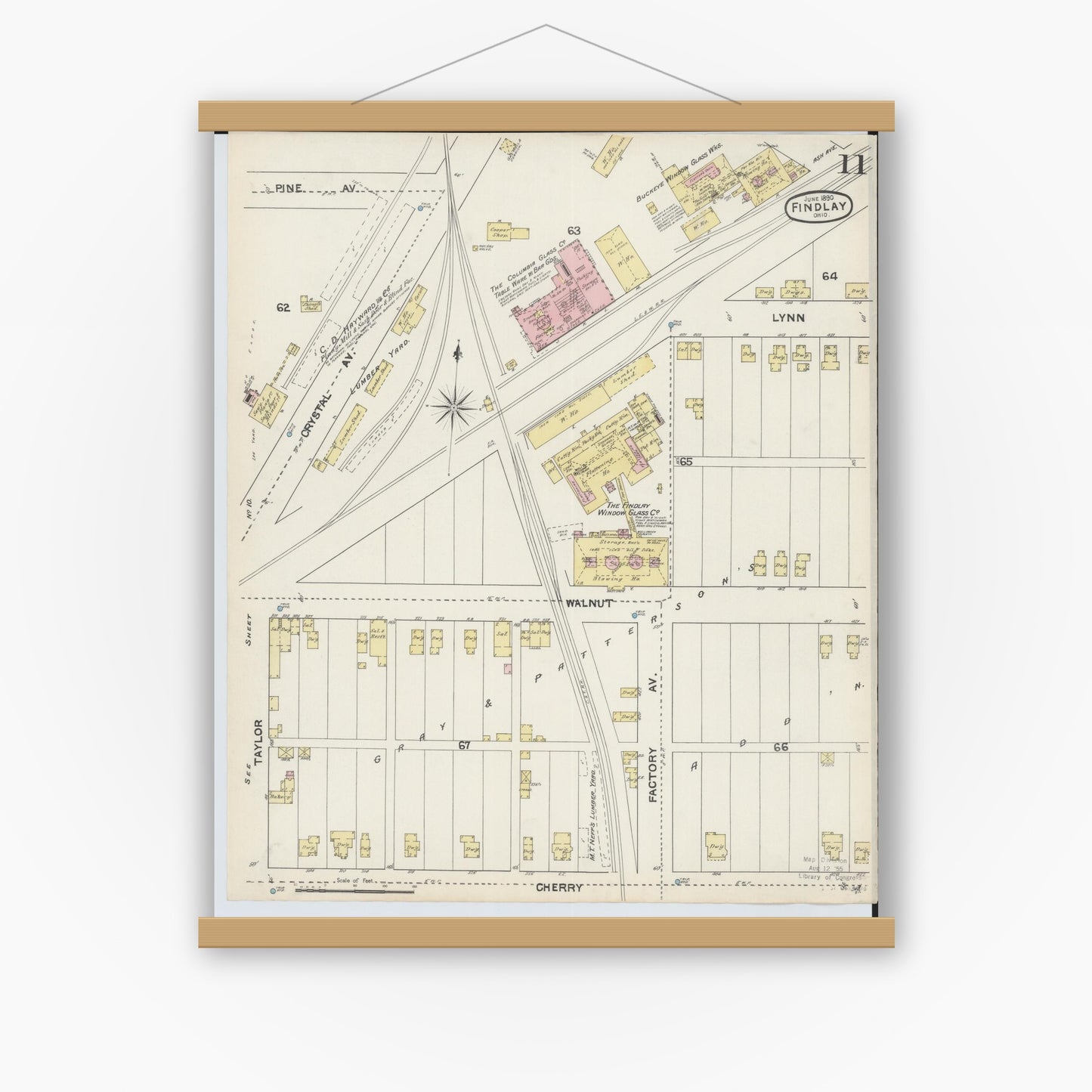 Old map wall art mockup — magnetic wood frame on white wall — Sanborn Fire Insurance Map from Findlay, Hancock County, Ohio (1890), Sheet #0011