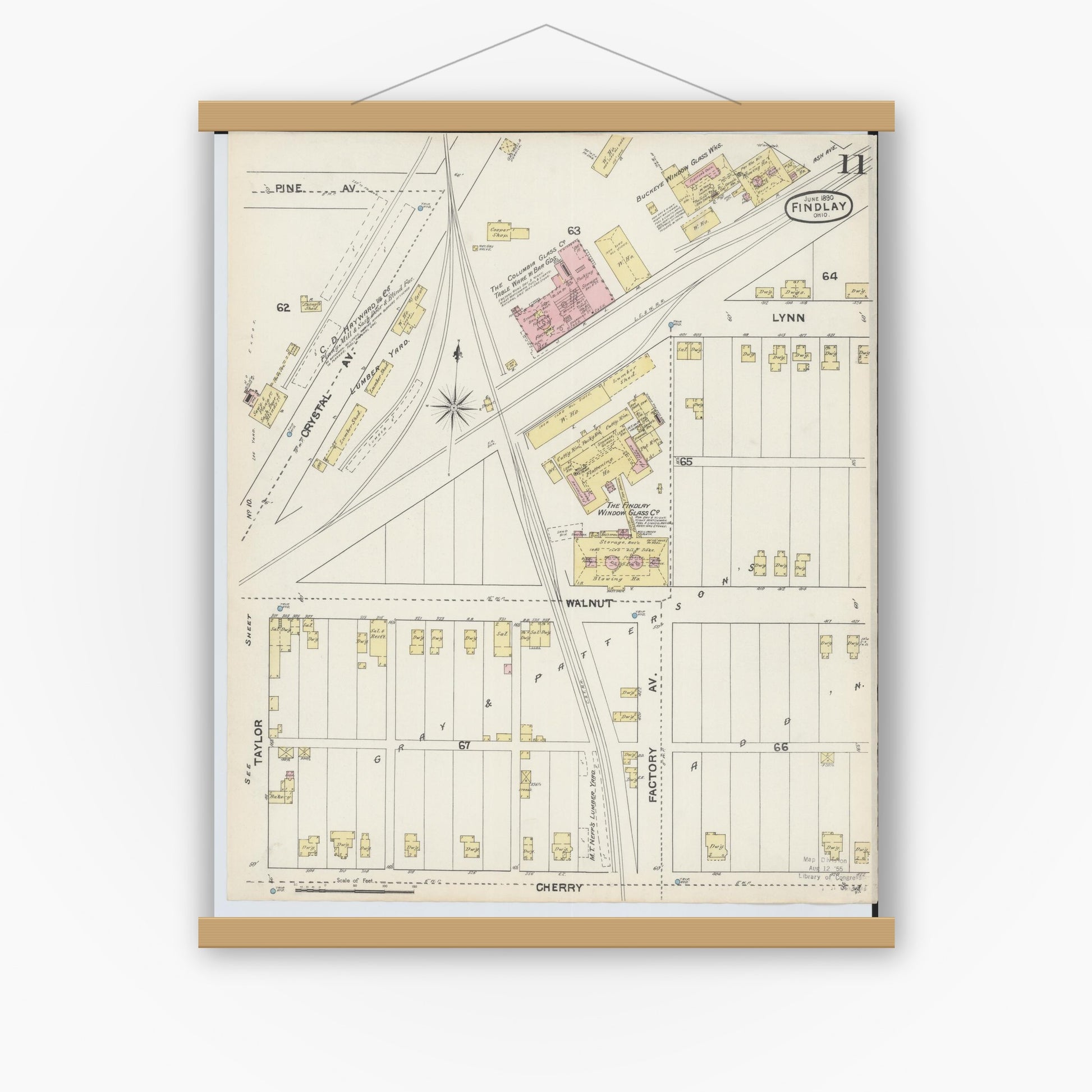 Old map wall art mockup — magnetic wood frame on white wall — Sanborn Fire Insurance Map from Findlay, Hancock County, Ohio (1890), Sheet #0011