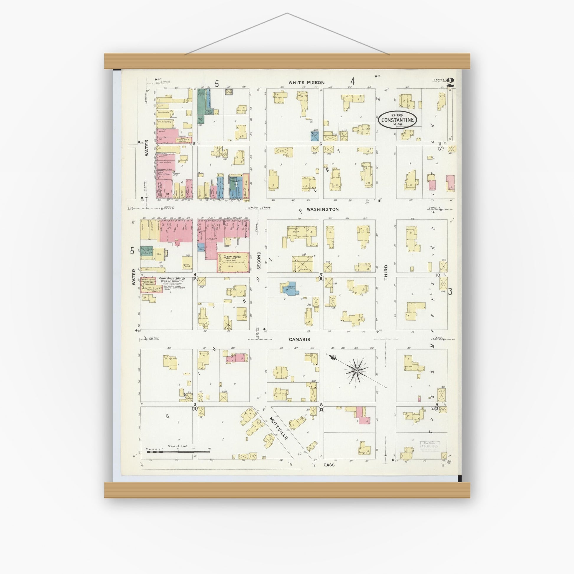 Old map wall art mockup — magnetic wood frame on white wall — Sanborn Fire Insurance Map from Constantine, Saint Joseph County, Michigan (1909), Sheet #0002