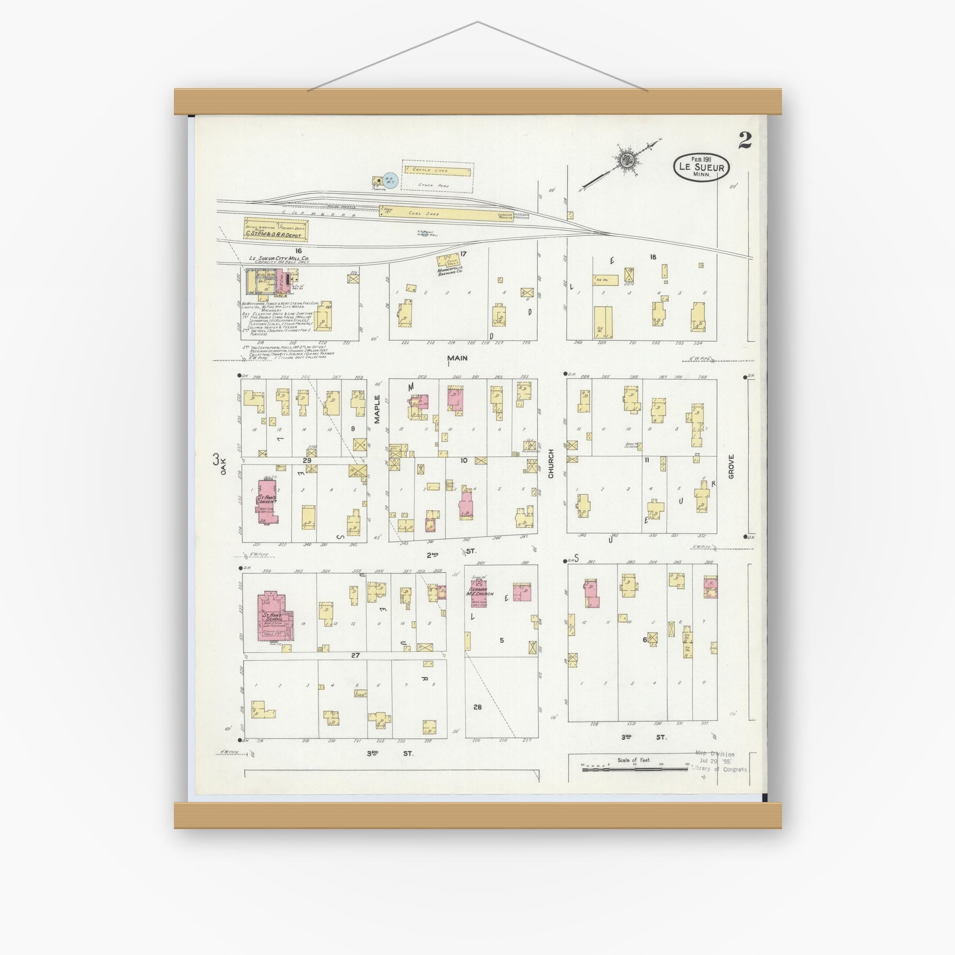 Old map wall art mockup — magnetic wood frame on white wall — Sanborn Fire Insurance Map from Le Sueur, Le Sueur County, Minnesota (1911), Sheet #0002