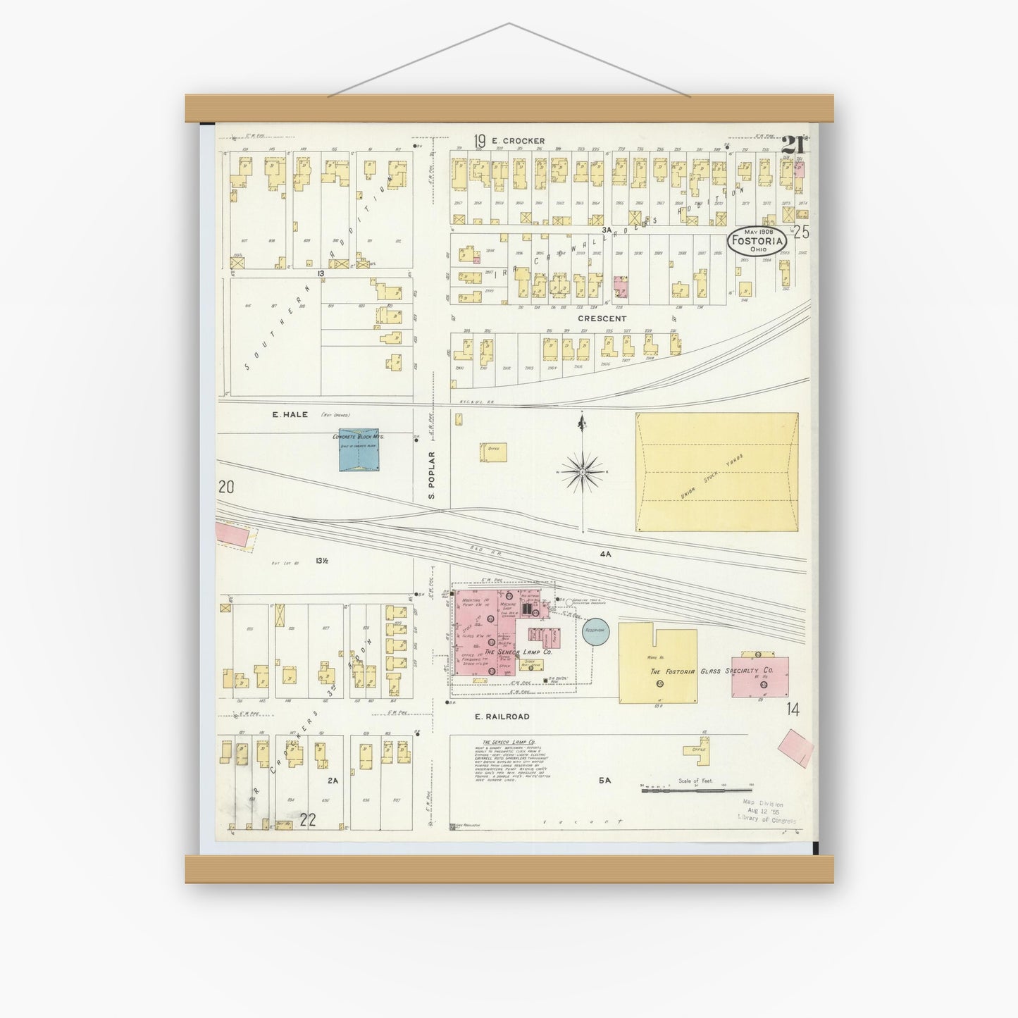 Old map wall art mockup — magnetic wood frame on white wall — Sanborn Fire Insurance Map from Fostoria, Seneca, Hancock, And Wood Counties, Ohio (1908), Sheet #0021