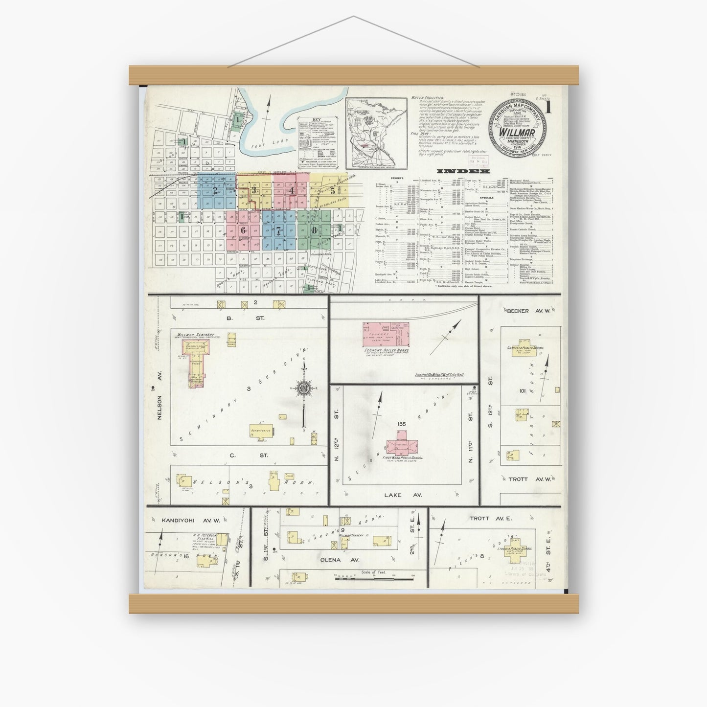 Old map wall art mockup — magnetic wood frame on white wall — Sanborn Fire Insurance Map from Willmar, Kandiyohi County, Minnesota (1914) - Complete Map Set