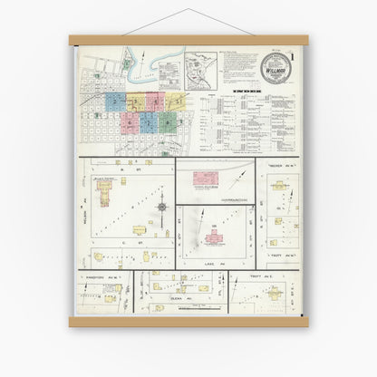 Old map wall art mockup — magnetic wood frame on white wall — Sanborn Fire Insurance Map from Willmar, Kandiyohi County, Minnesota (1914) - Complete Map Set