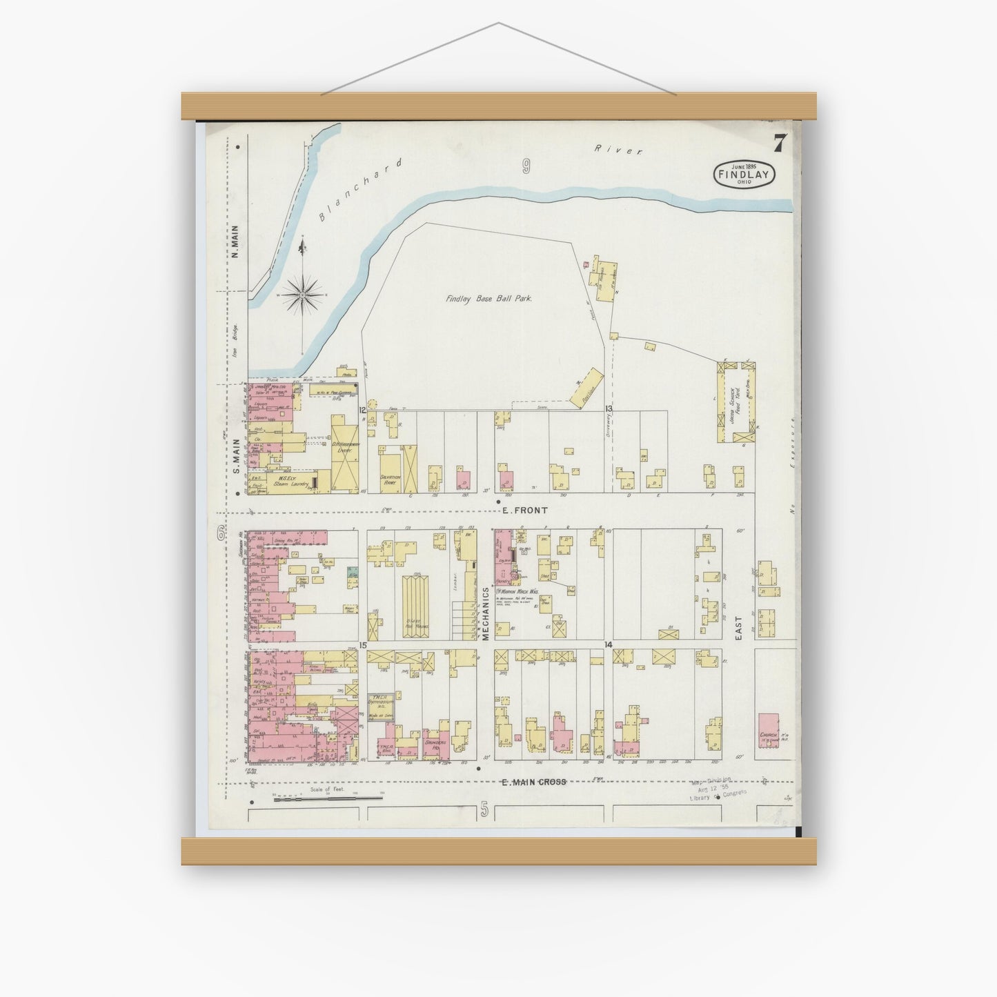 Old map wall art mockup — magnetic wood frame on white wall — Sanborn Fire Insurance Map from Findlay, Hancock County, Ohio (1895), Sheet #0007