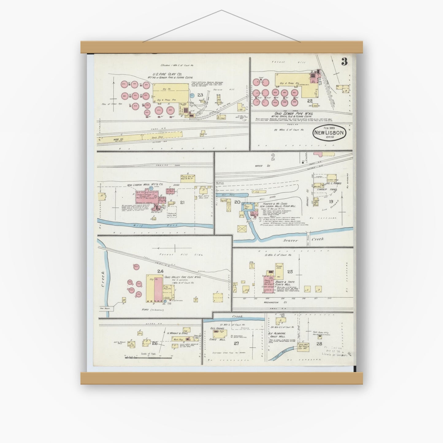 Old map wall art mockup — magnetic wood frame on white wall — Sanborn Fire Insurance Map from New Lisbon, Columbiana County, Ohio (1893), Sheet #0003