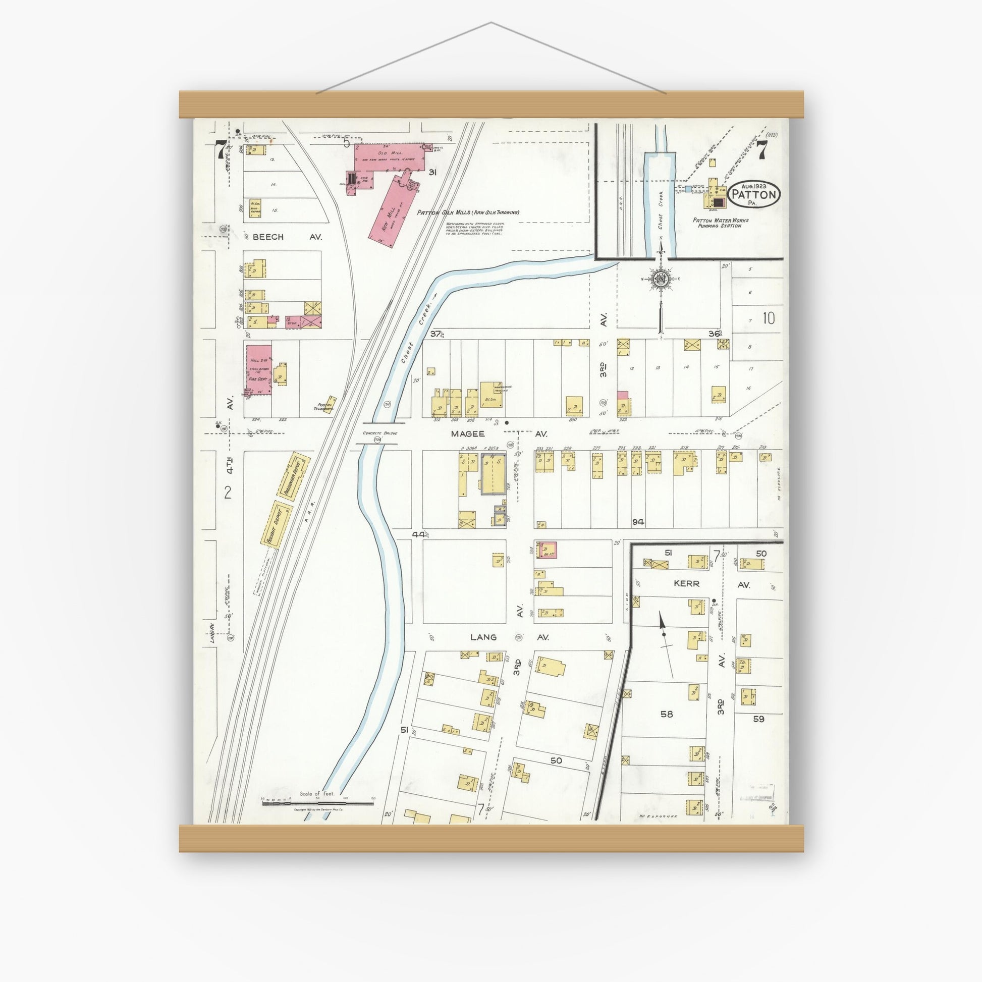 Old map wall art mockup — magnetic wood frame on white wall — Sanborn Fire Insurance Map from Patton, Cambria County, Pennsylvania (1923), Sheet #0007