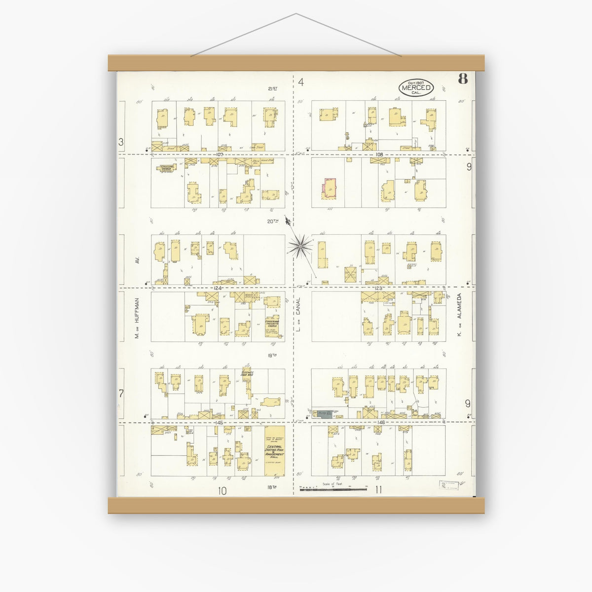 Old map wall art mockup — magnetic wood frame on white wall — Sanborn Fire Insurance Map from Merced, Merced County, California (1907), Sheet #0008