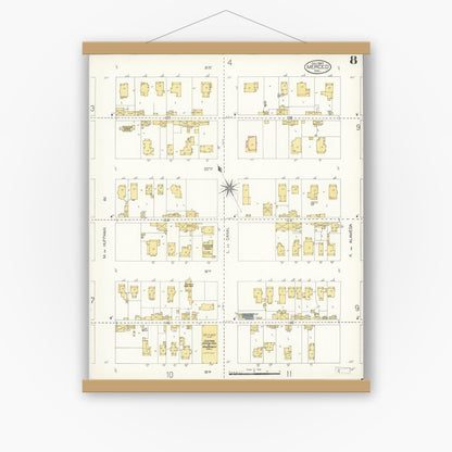 Old map wall art mockup — magnetic wood frame on white wall — Sanborn Fire Insurance Map from Merced, Merced County, California (1907), Sheet #0008